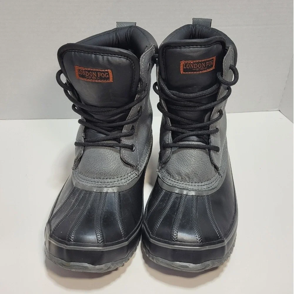 London Fog Ashford Mens 8M Black Grey Insulated Leather Duck Winter Boots PG5510